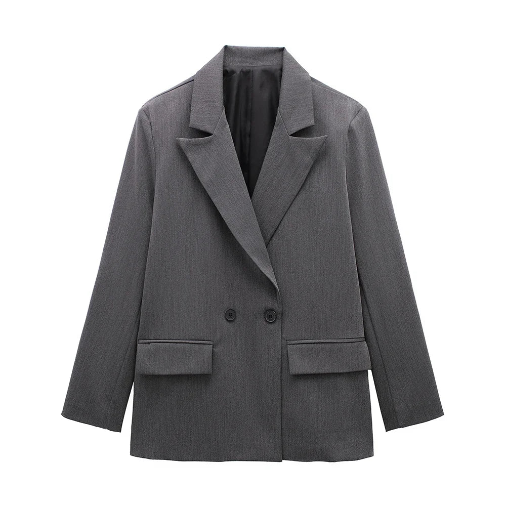 Women Double Breasted Blazer with Pockets Vintage Office Jacket