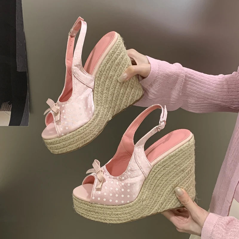 Women Woven Platform Wedge Sandals Thick Sole Roman Style Casual Summer Heels