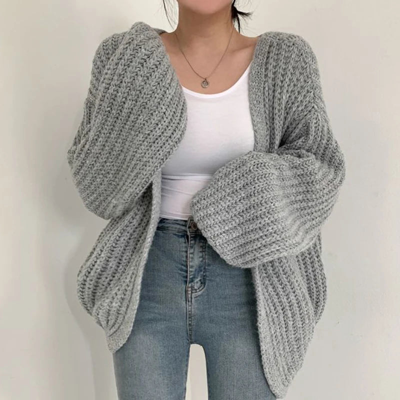 Women Lantern Sleeve Cardigan Y2K Knit Sweater