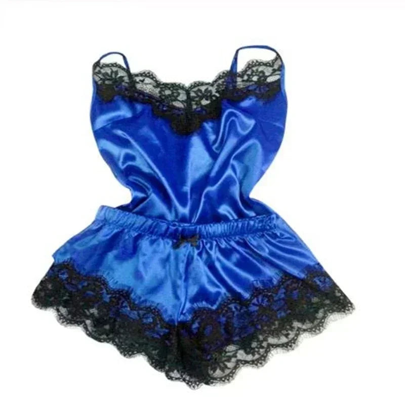Women Lace Silk Pajama Set Cami Top & Shorts Sleepwear Sexy Lingerie Set