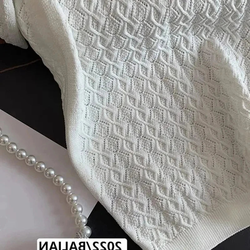 Women Ice Silk Polo Shirt Knitted Short Sleeve Jacquard Summer Chic Thin Top Style