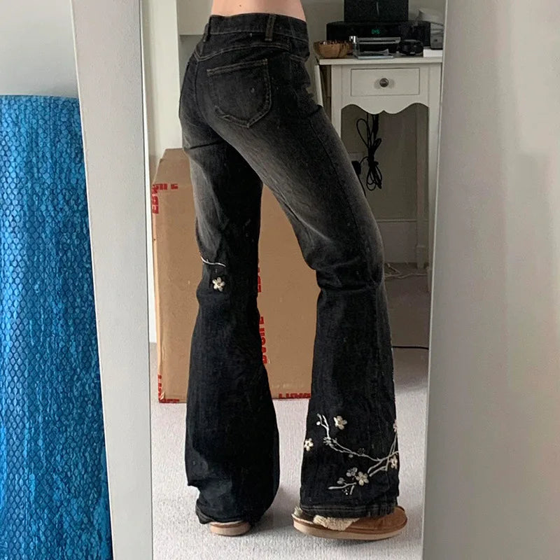 Y2K Floral Embroidery Flared Jeans Low Rise Baggy Denim Pants