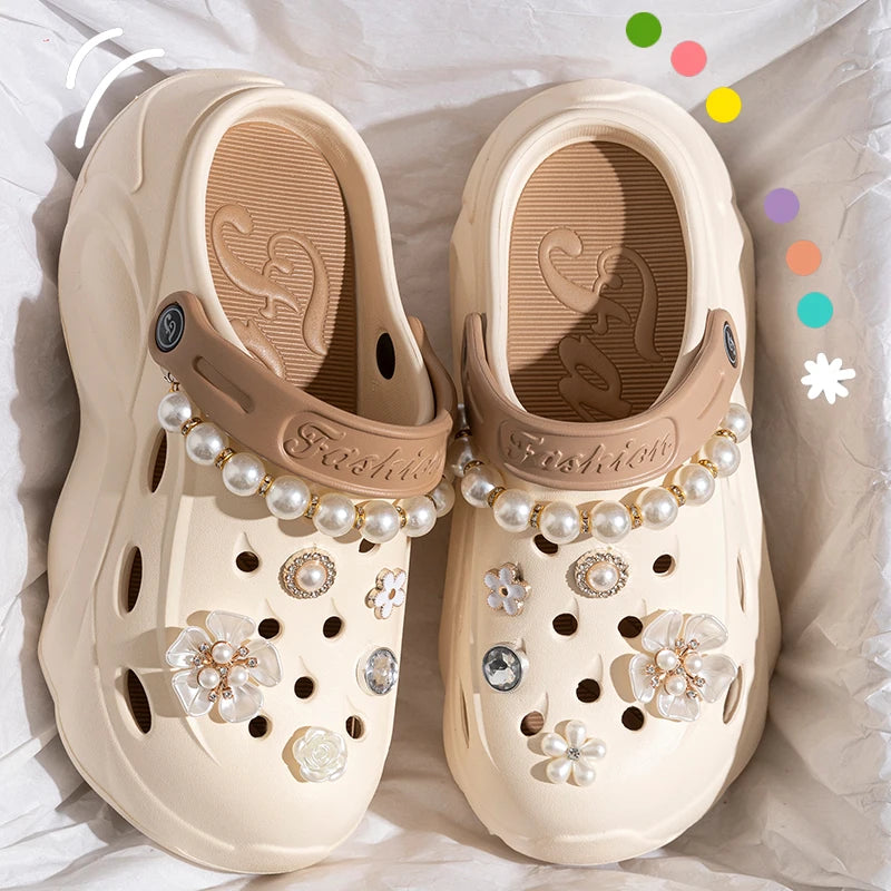 Women Pearl Chain Platform Sandals Thick Sole EVA Beach Garden Non Slip Clogs