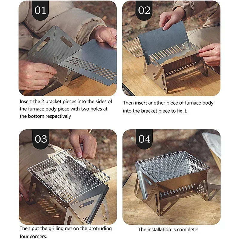 Portable Folding Stainless Steel BBQ Grill Mini Camping Charcoal Stove with Storage Bag