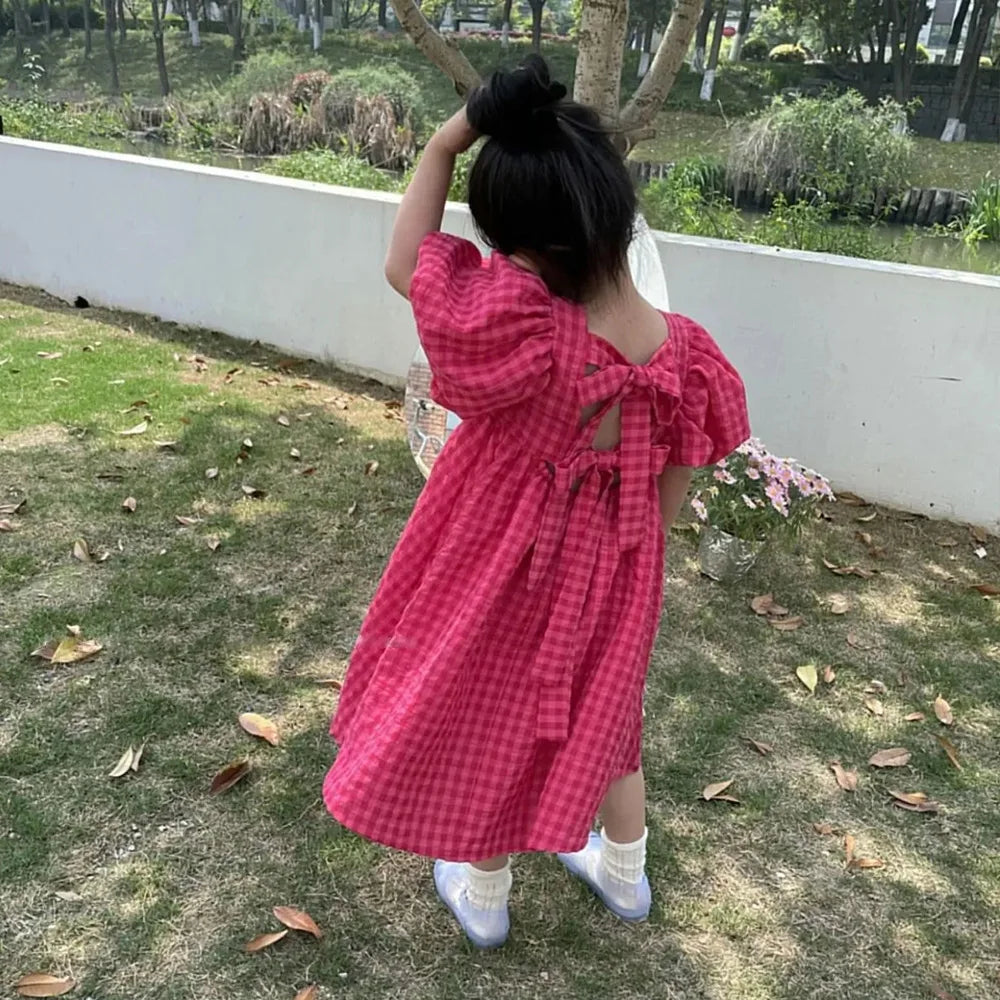 Girls Rose Pink Plaid Bow Midi Dress Princess Party Sundress