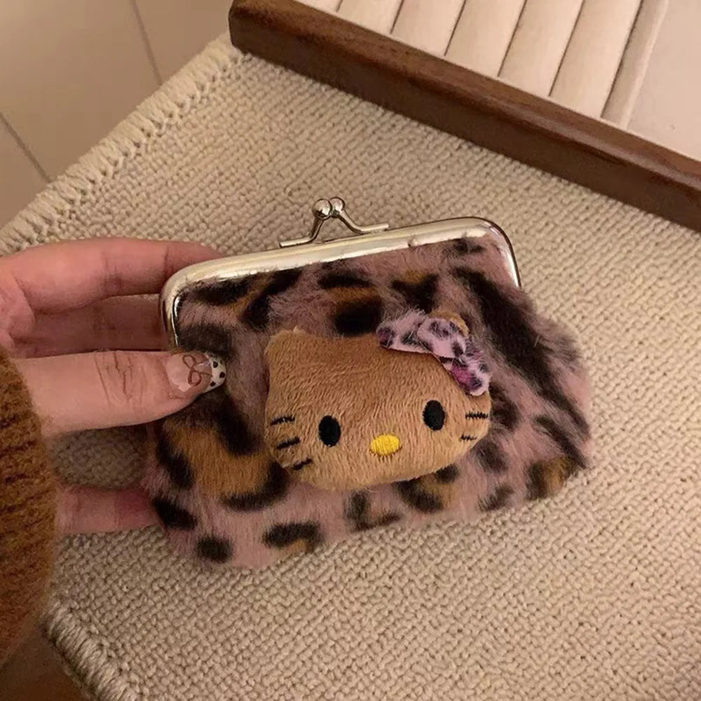 Kitty Leopard Print Plush Coin Purse Mini Makeup Storage Bag