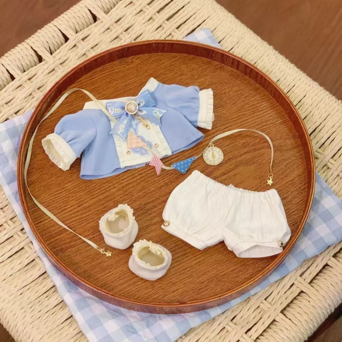 20cm Cotton Doll Clothes Blue School Outfit with Bunny Ear Hat