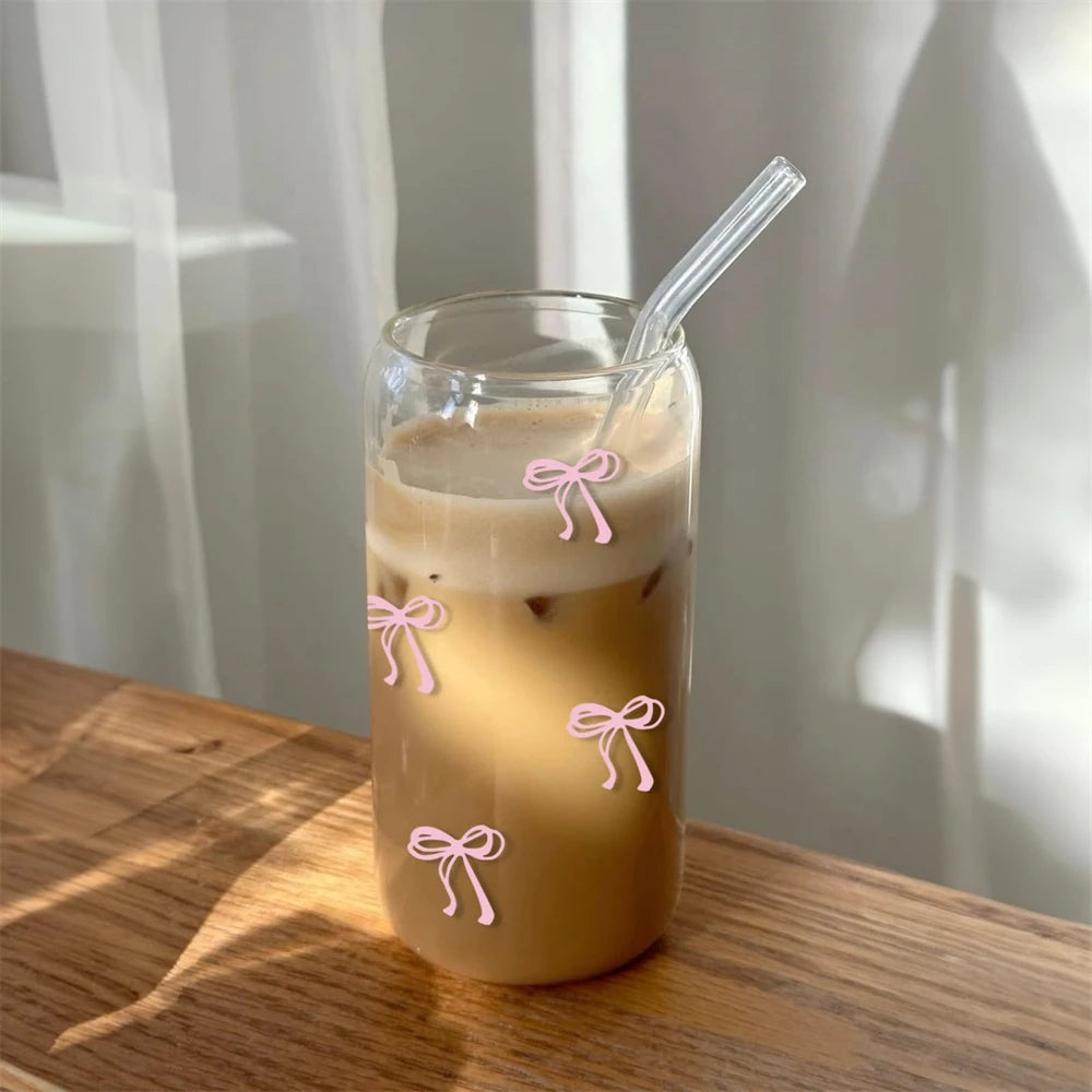 Pink Bow Glass Tumbler with Lid and Straw 500ml