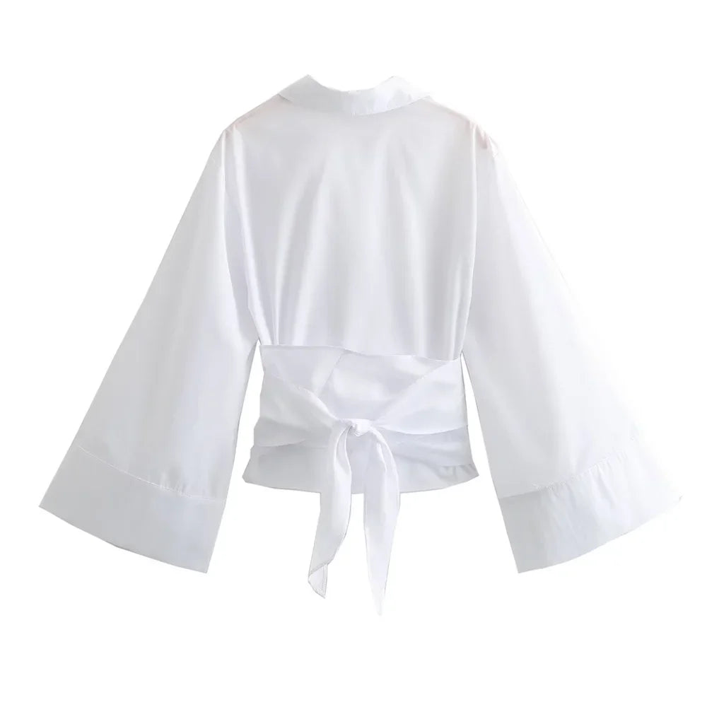 Women Polo Neck Bow Tie Short Poplin Shirt Double Breasted Casual Top