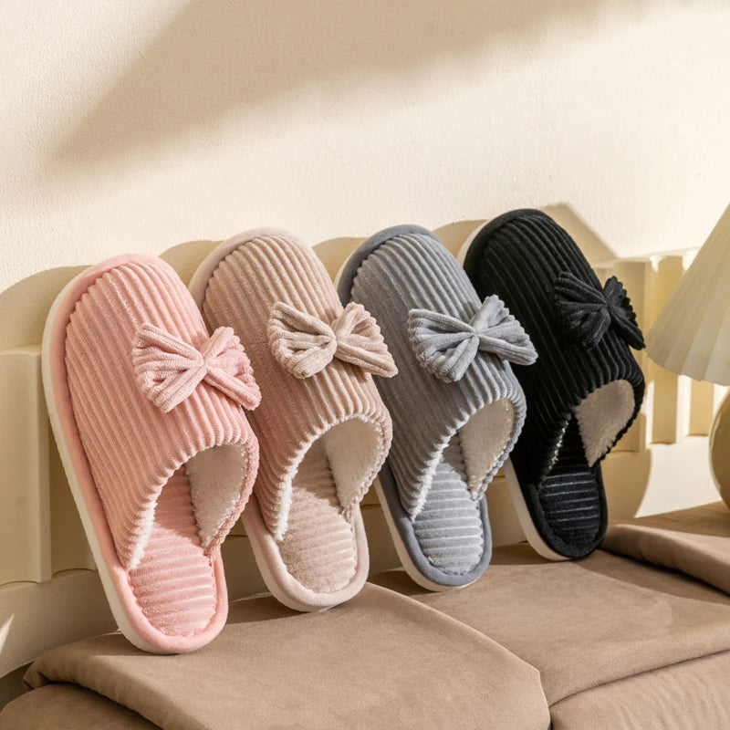 Cute Bow Slippers Women Cozy Plush Indoor Home Shoes Soft Warm Winter Slides