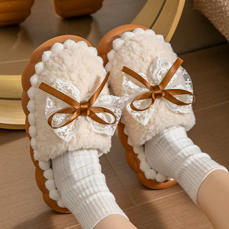 Women Plush Fur Slippers Soft Warm Non Slip Indoor Home Shoes