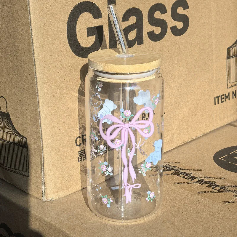 500ml Cute Bow Glass Cup Mason Jar Tumbler With Lid Straw Iced Coffee Juice Bottle