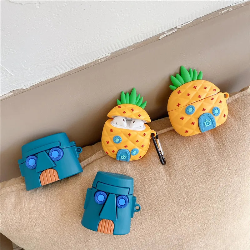 Pineapple Wooden Cartoon Silicone AirPods Case with Keychain Soft Cover