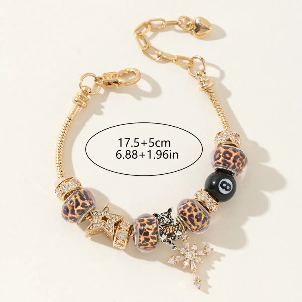 Women Adjustable Gold Charm Bracelet Leopard Rhinestone Star Cross