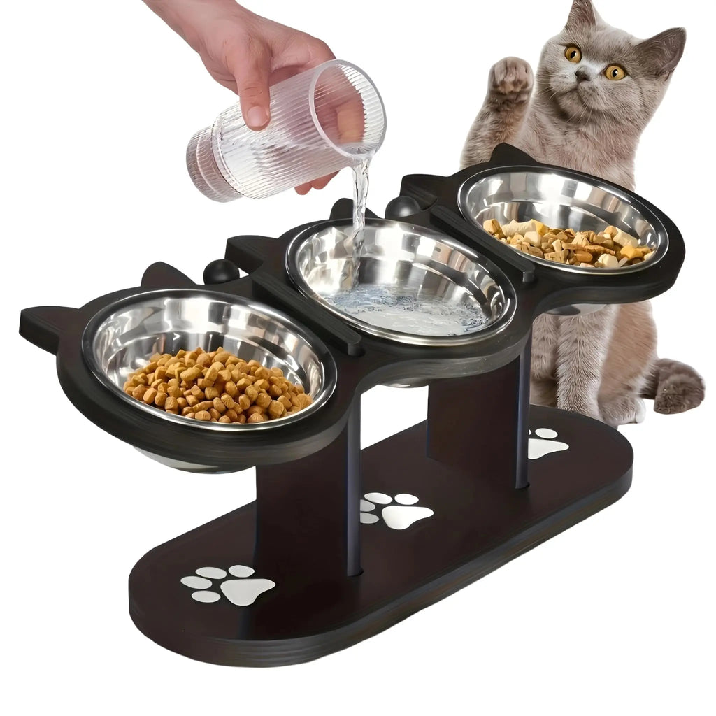 Elevated Stainless Steel Cat Bowl with 15 Degree Wooden Stand