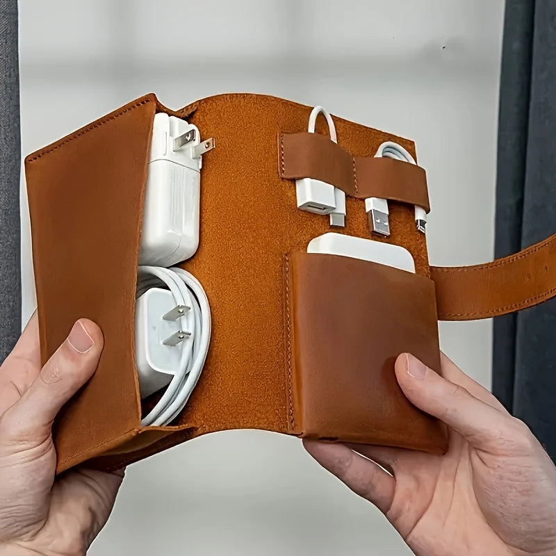 Leather Cable Organizer Travel Electronics Storage Bag