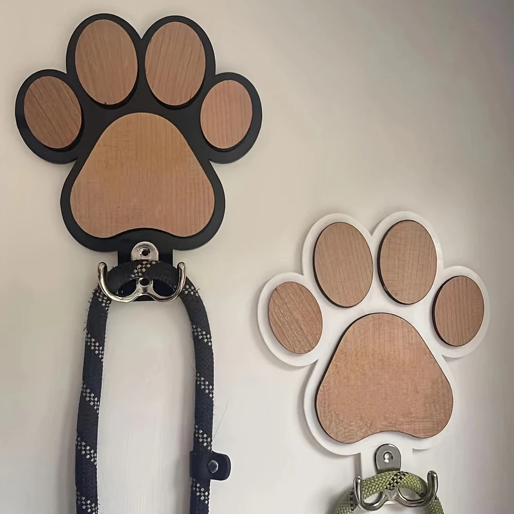 Wooden Dog Leash Holder Paw Print Wall Hook for Collars Coats Organizer