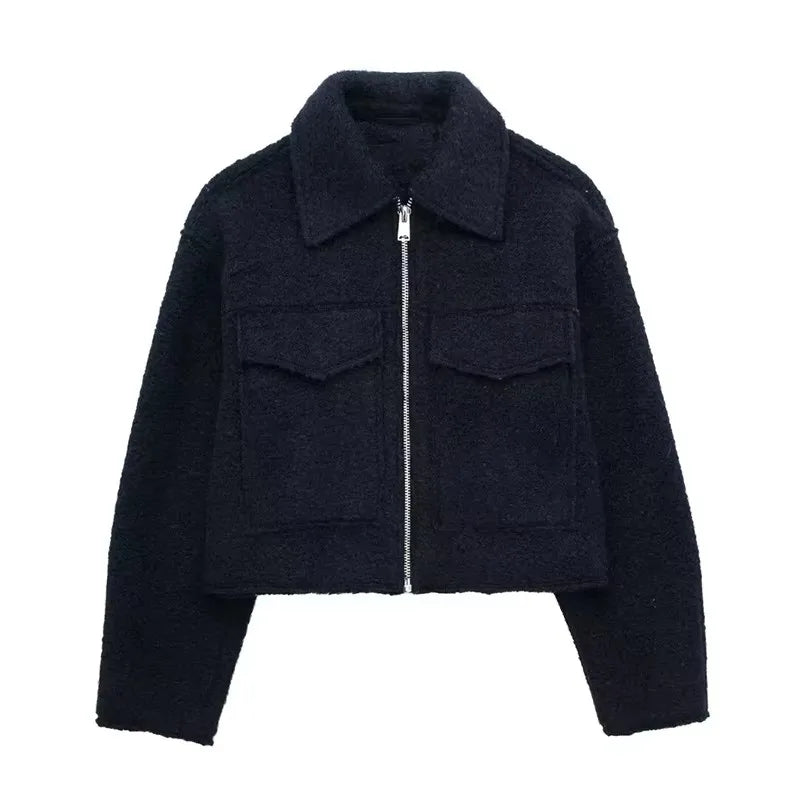Women Grey Zip Up Jacket Vintage Lapel Long Sleeve Coat with Pockets