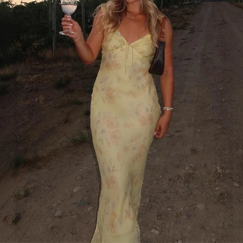 Women Floral Print Backless Slip Dress Sleeveless Summer Beach Slim Fit Dress