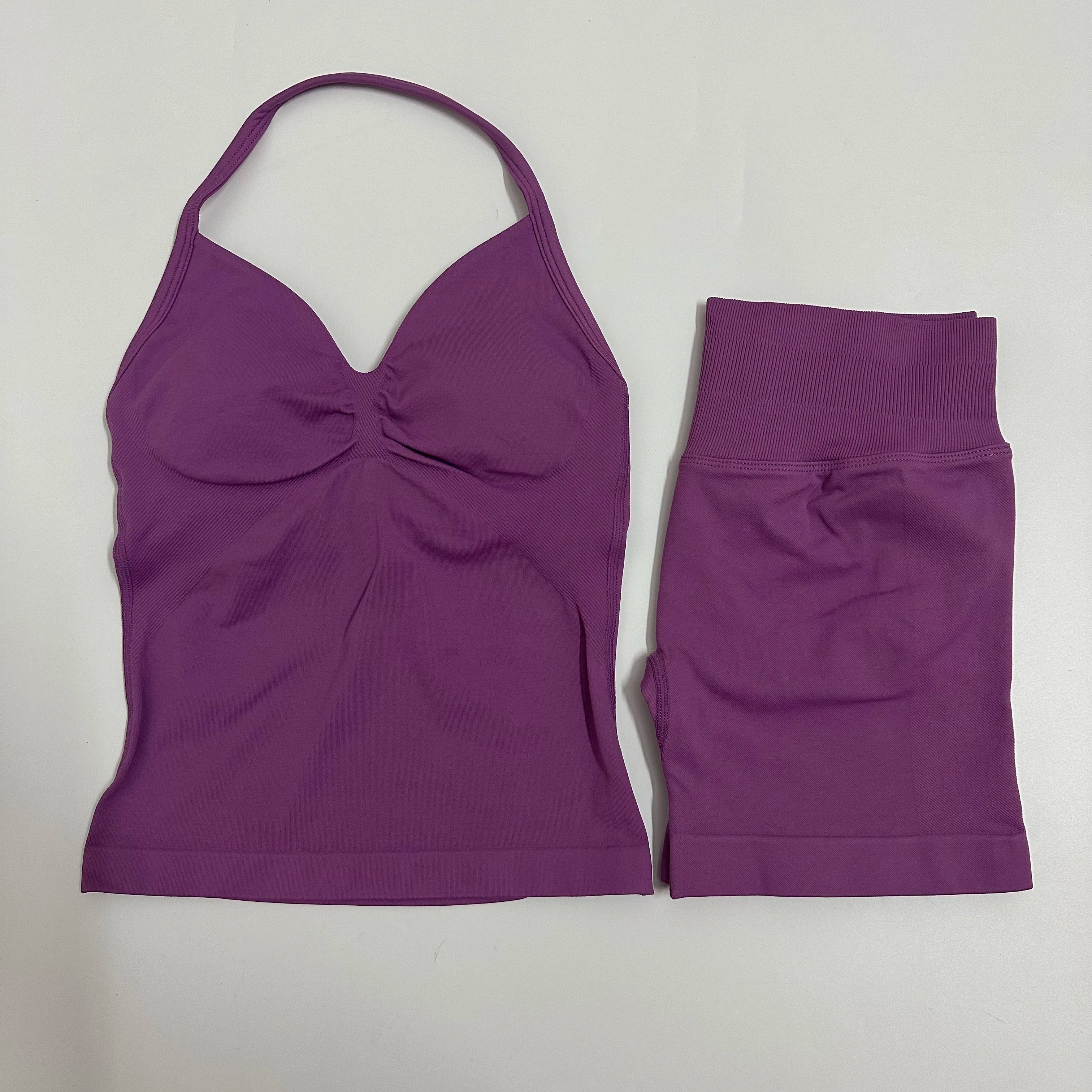 Seamless Yoga Set Women Strappy Tank Top Scrunch Shorts Gym Workout Outfit