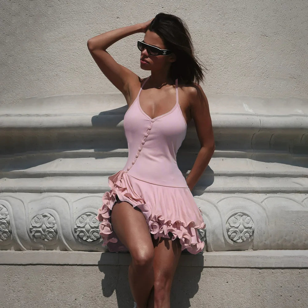 Women A Line Bodycon Mini Dress V Neck Long Sleeve Ruffle Hem Party Streetwear Dress