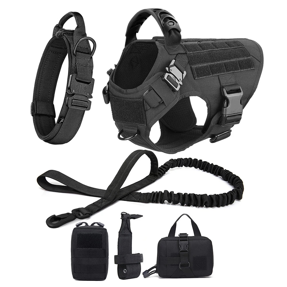 Large Dog Harness Collar Leash Set with Molle Pouches for Training Walking