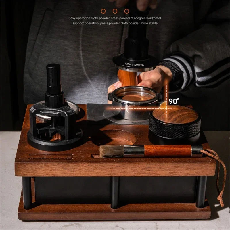 Coffee Tamper Station with Knock Box Wooden Organizer for 51 58mm Portafilter