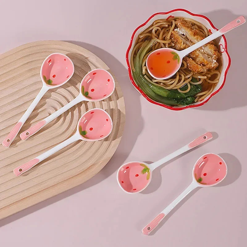 Kawaii Strawberry Ceramic Long Handle Spoon Kitchen Utensil