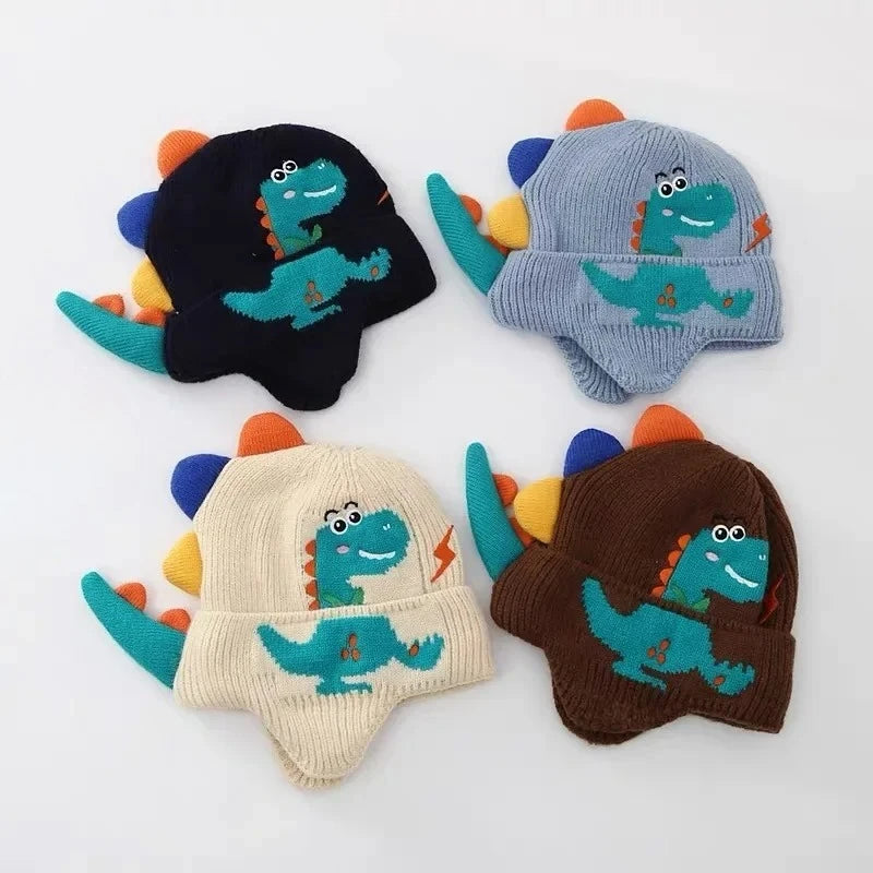 Kids Winter Dinosaur Earmuff Hat Warm Knitted Beanie Toddler Ear Protection Cap