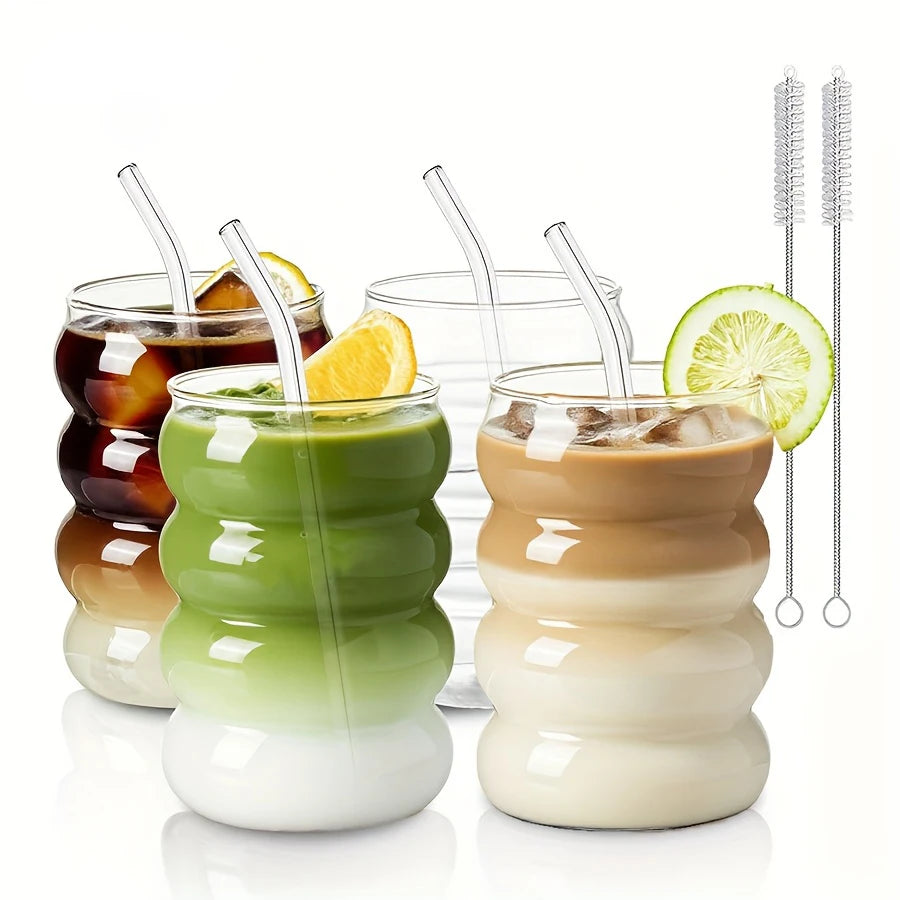 Borosilicate Glass Coffee Cups with Straw Vintage Ripple Design