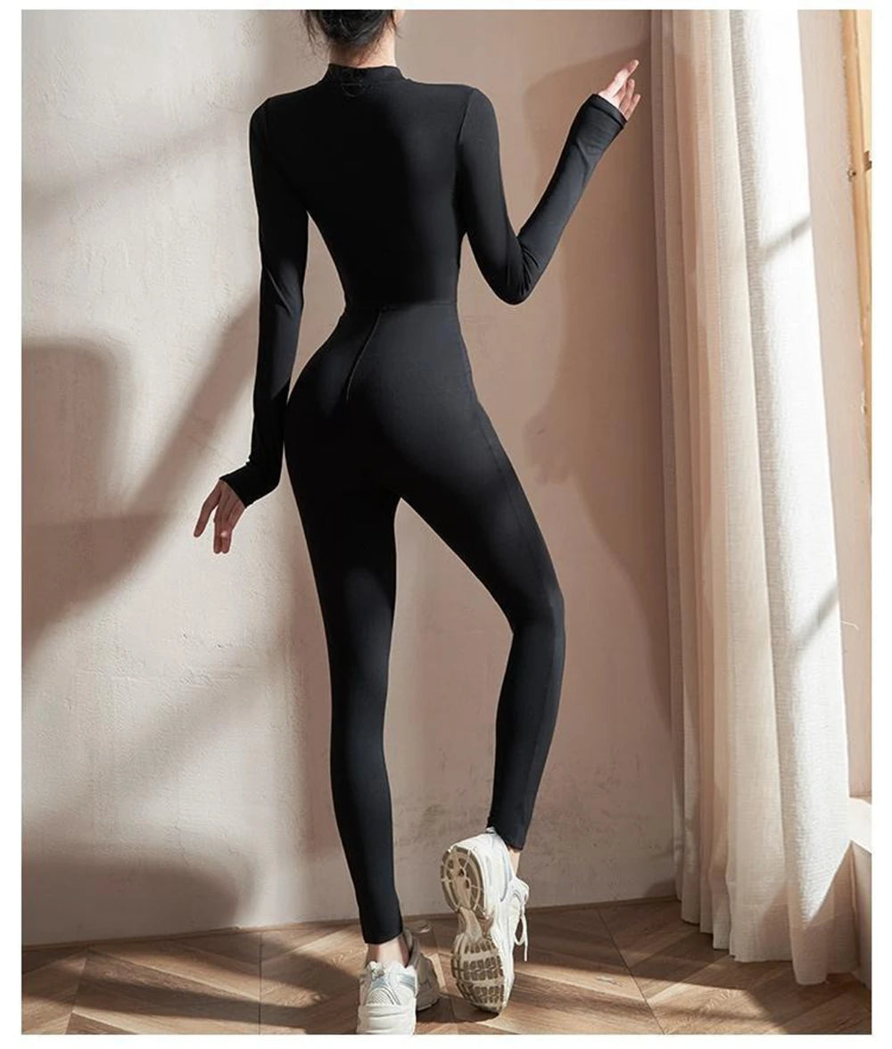 Women Long Sleeve Yoga Jumpsuit Slim Fit Zipper Fitness One Piece Sports Romper