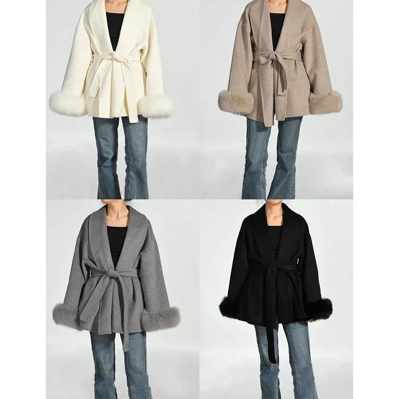 Women Wool Coat Faux Fur Collar Short Double Sided Elegant Jacket
