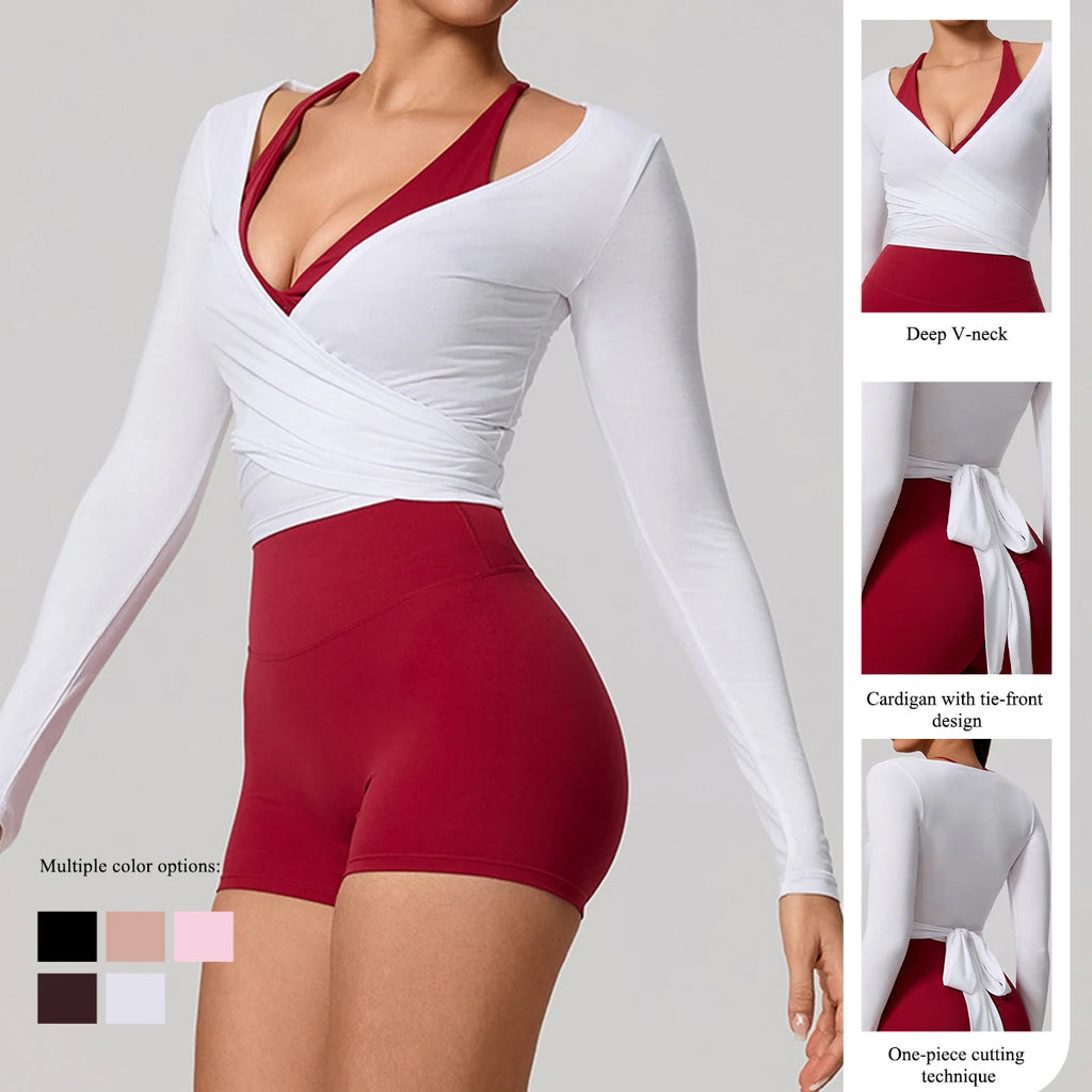 Women Yoga Shirt Long Sleeve Sports Top Quick Dry Breathable Gym Pilates Dance Wrap Top