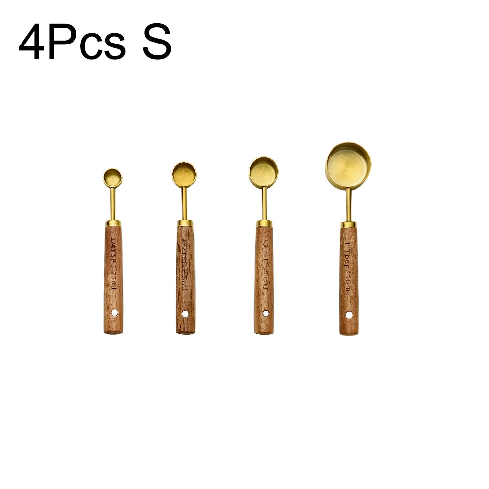 Stainless Steel Measuring Cups Spoons Set Wooden Handle Baking Coffee Tools