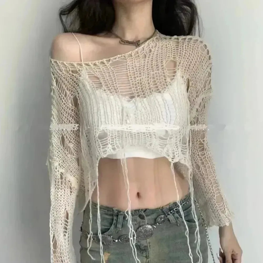 Women Y2K Cropped Cutout Knit Sweater Hollow Out Long Sleeve Sheer Pullover Top