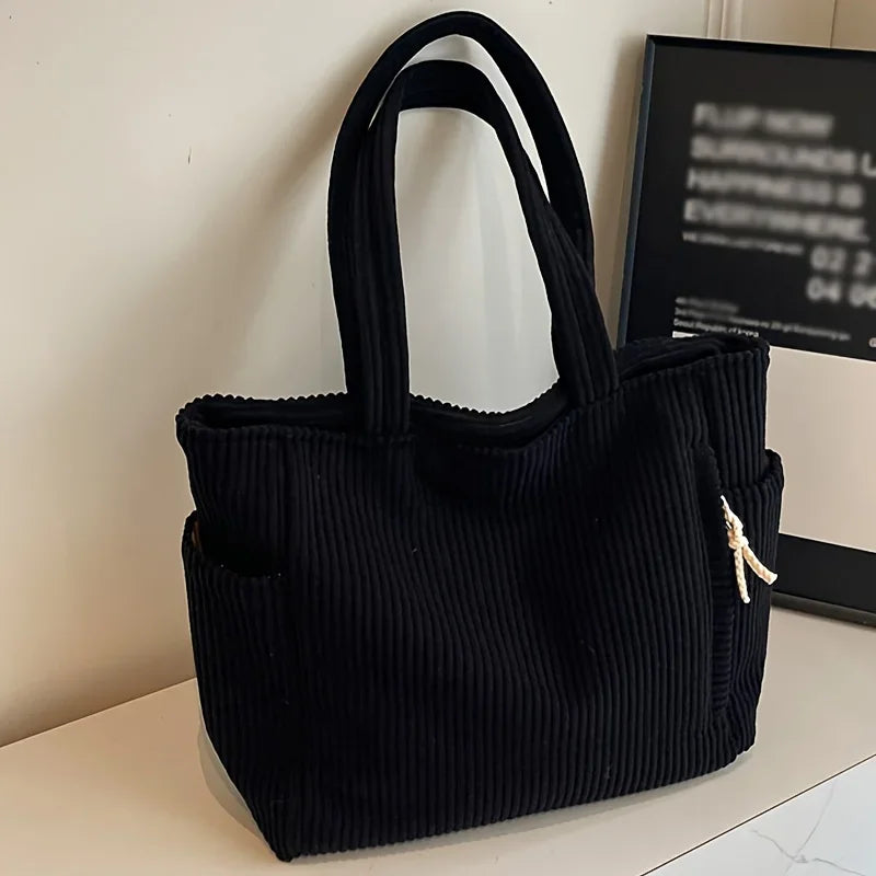 Corduroy Shoulder Handbag Large Capacity Zipper Casual Daily Tote Bag