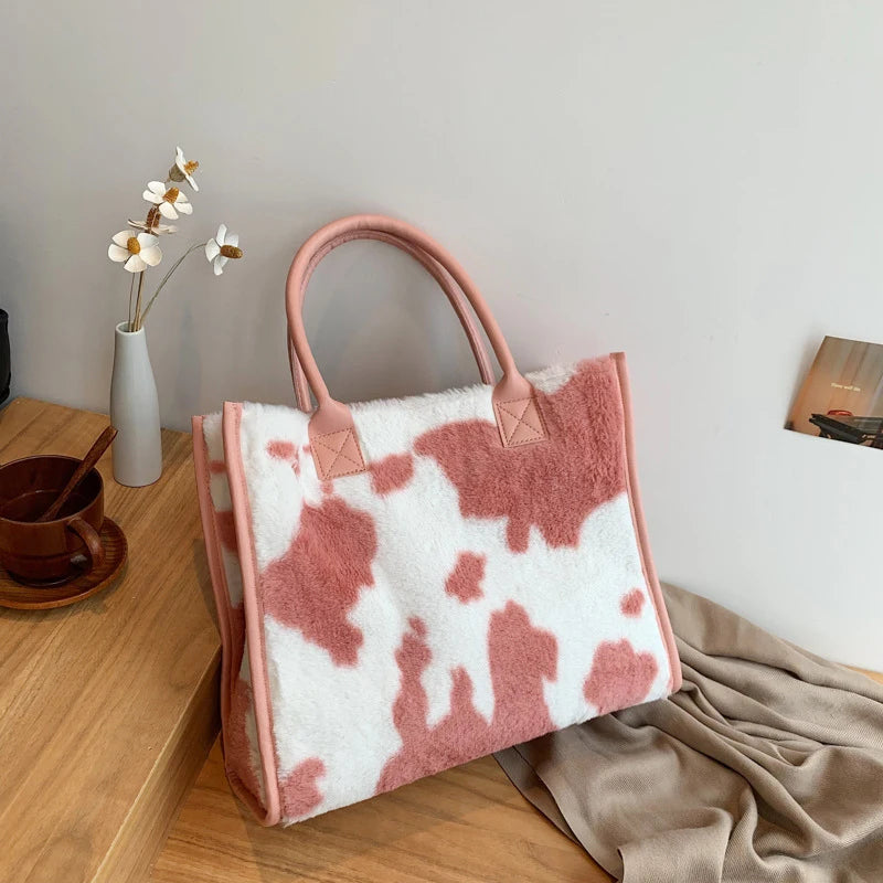 Leopard Faux Fur Tote Bag Soft Plush Shoulder Handbag