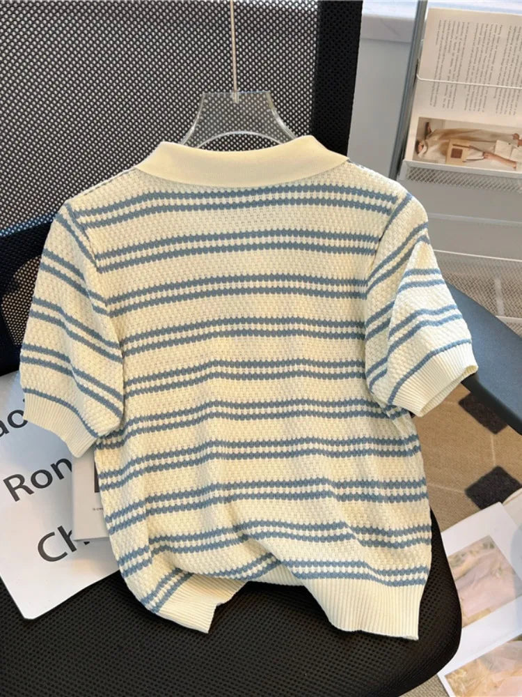 Women Striped Polo Knit T Shirt Short Sleeve Slim Fit Top