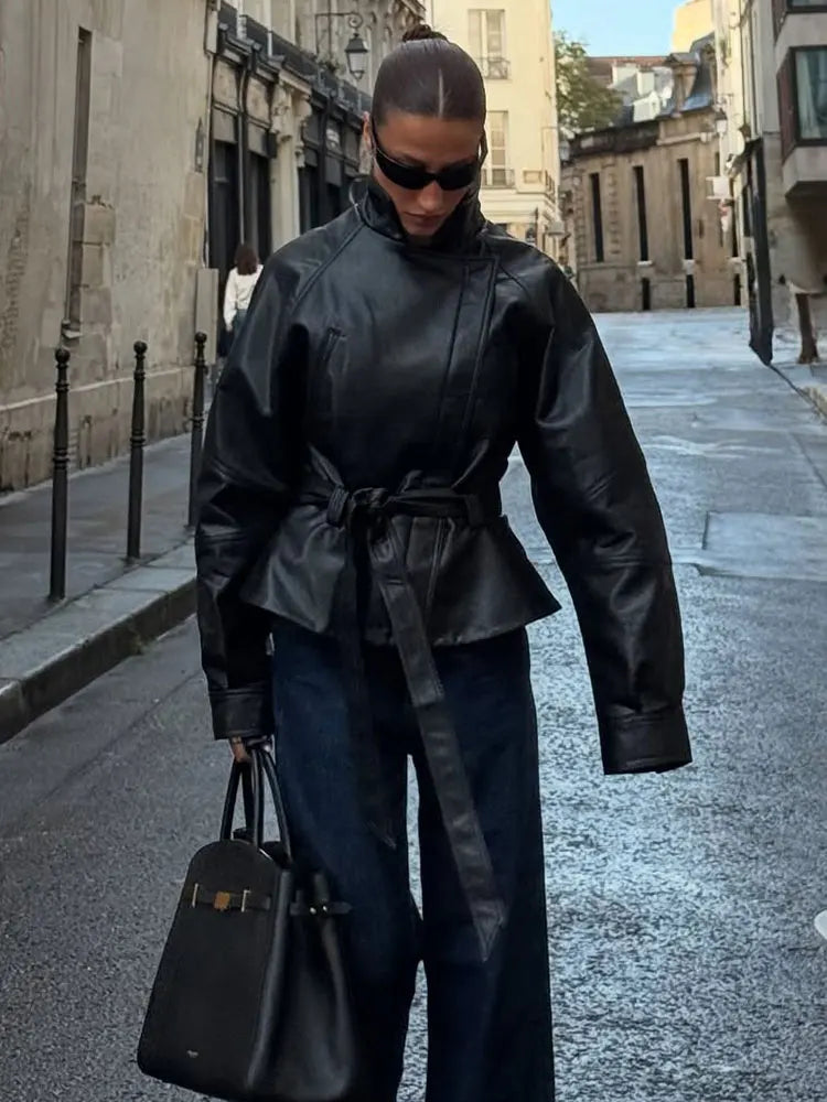 Women Black Faux Leather Trench Coat Belted Long Sleeve Lapel Motorcycle Style Jacket