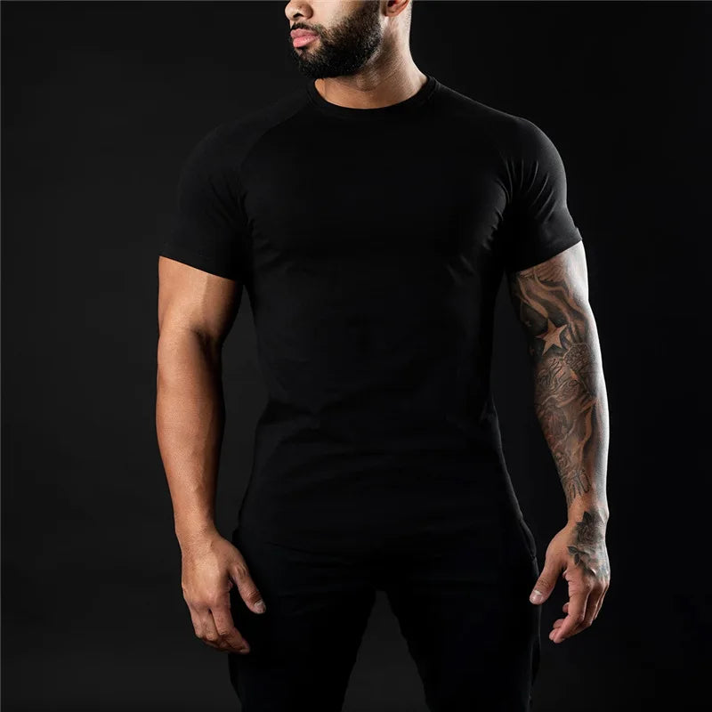 Men Gym Cotton T Shirt Slim Fit O Neck Short Sleeve Workout Fitness Tee