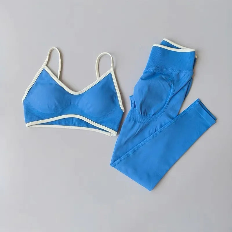 Women Strappy Sports Set Contrast Yoga Suit Shockproof Quick Dry Fitness Pants