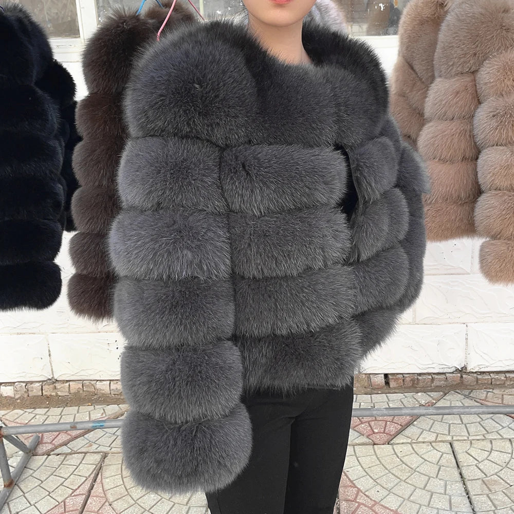 Women Real Fox Fur Winter Coat Brown Leather Jacket