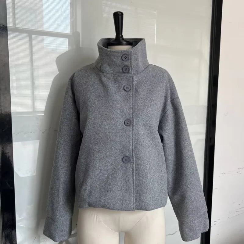 Women Stand Collar Wool Blend Jacket Loose Zip Up Coat