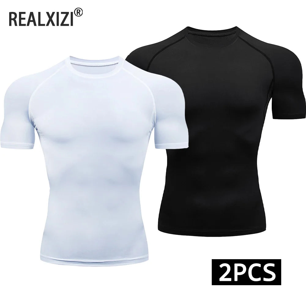 Men 2 Piece Compression T Shirt Set Quick Dry Running Gym Fitness Sport Tops