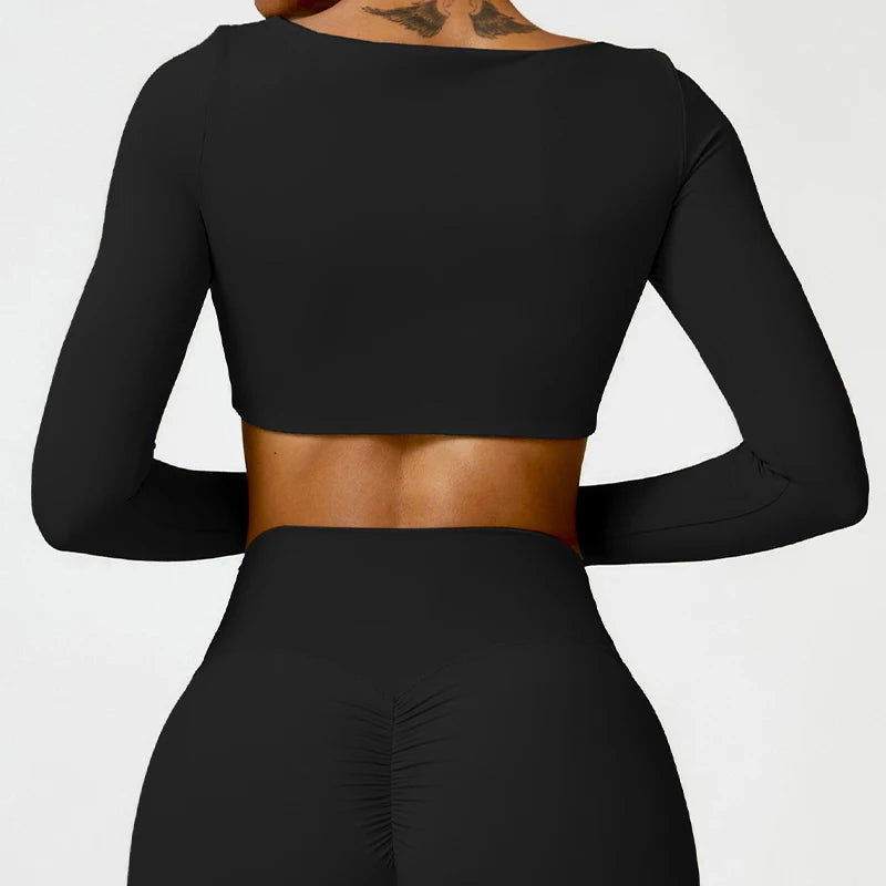Women Square Neck Long Sleeve Crop Top Quick Dry Yoga Fitness Shirt