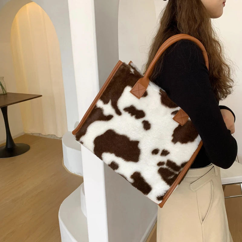 Leopard Faux Fur Tote Bag Soft Plush Shoulder Handbag