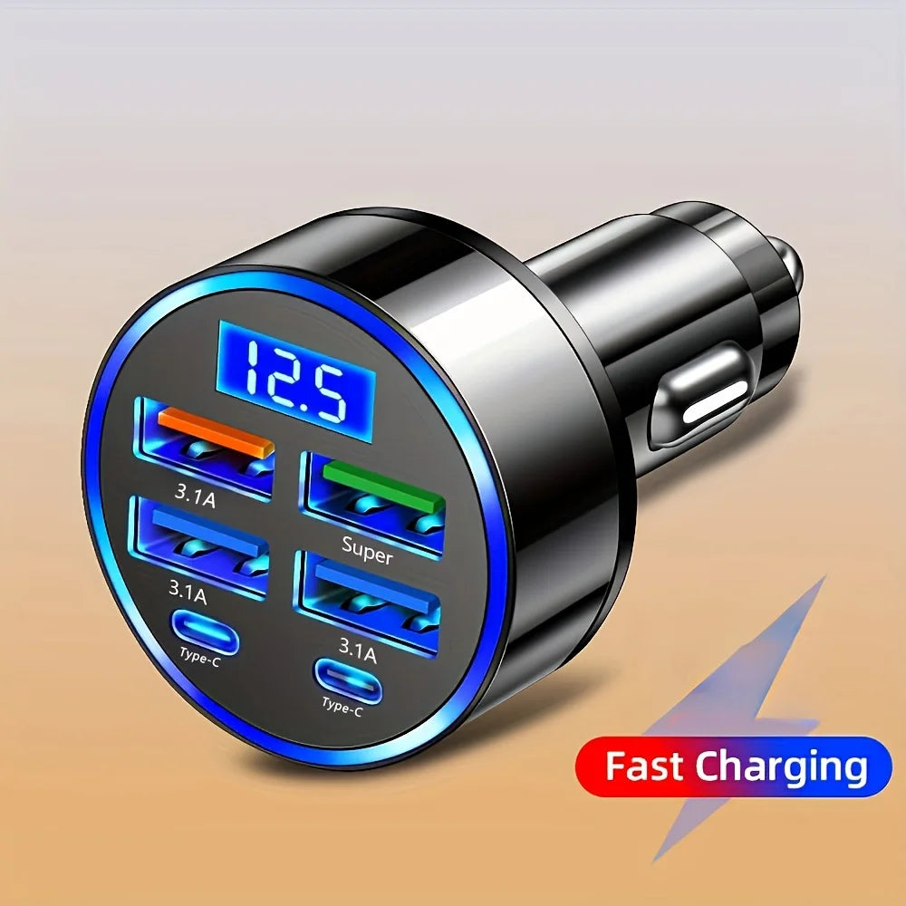 6-in-1 Fast Charging Car Charger – Dual USB & Type-C Ports with LED Voltage Display