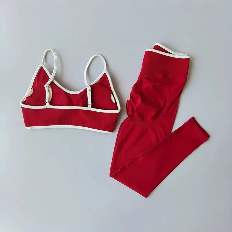 Women Strappy Sports Set Contrast Yoga Suit Shockproof Quick Dry Fitness Pants
