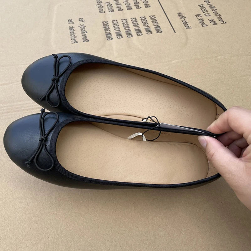 Women Bowknot Ballet Flats Round Toe Slip On Leather Loafers 2026