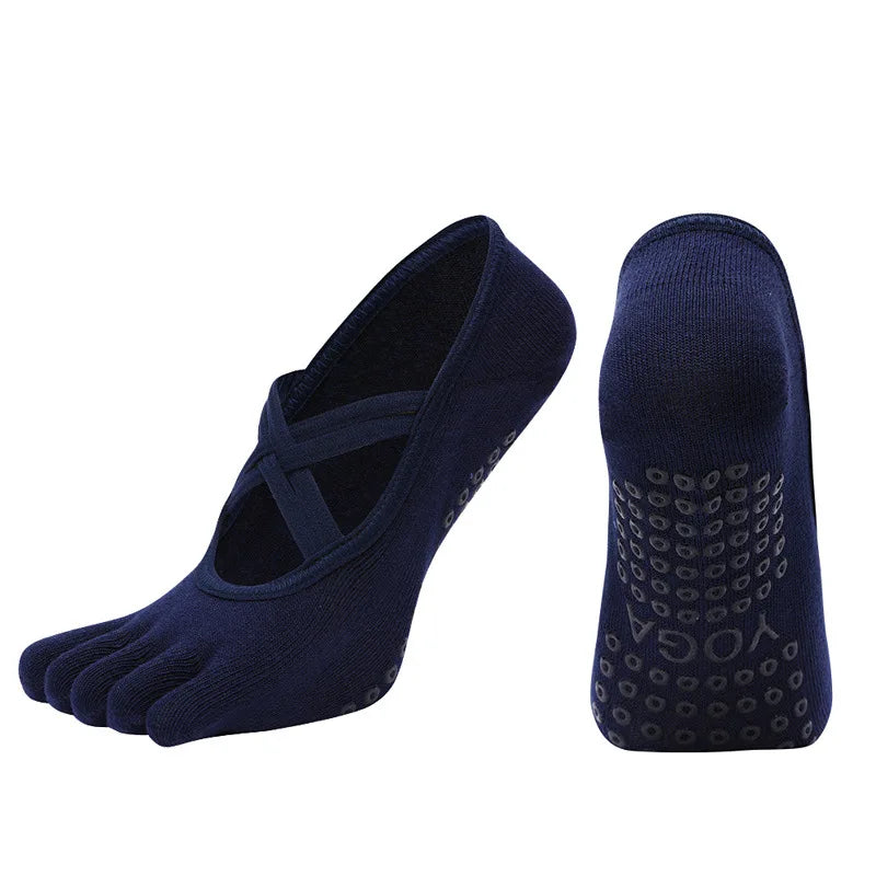 Women Anti Slip Pilates Five Toe Yoga Socks Silicone Grip Cotton Fitness Socks 1–4 Pairs